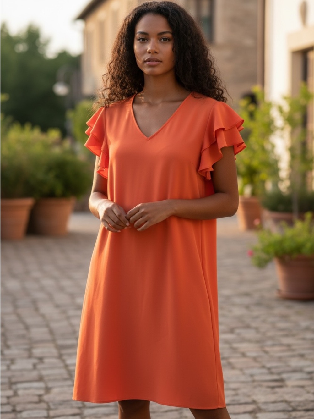 Mud Pie Women Small Coral Orange Ruffle Sleeve V Neck Shift Dress